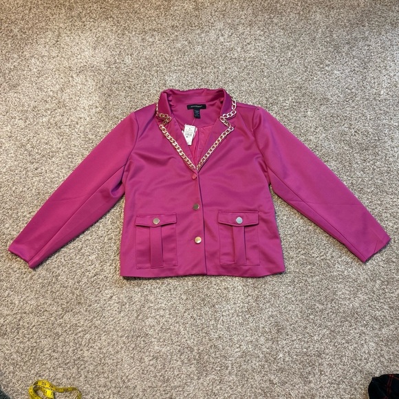 BNWT Ashley Stewart Fuchsia Pink with Gold Chain Pocket Blazer Size 12 - Picture 11 of 12